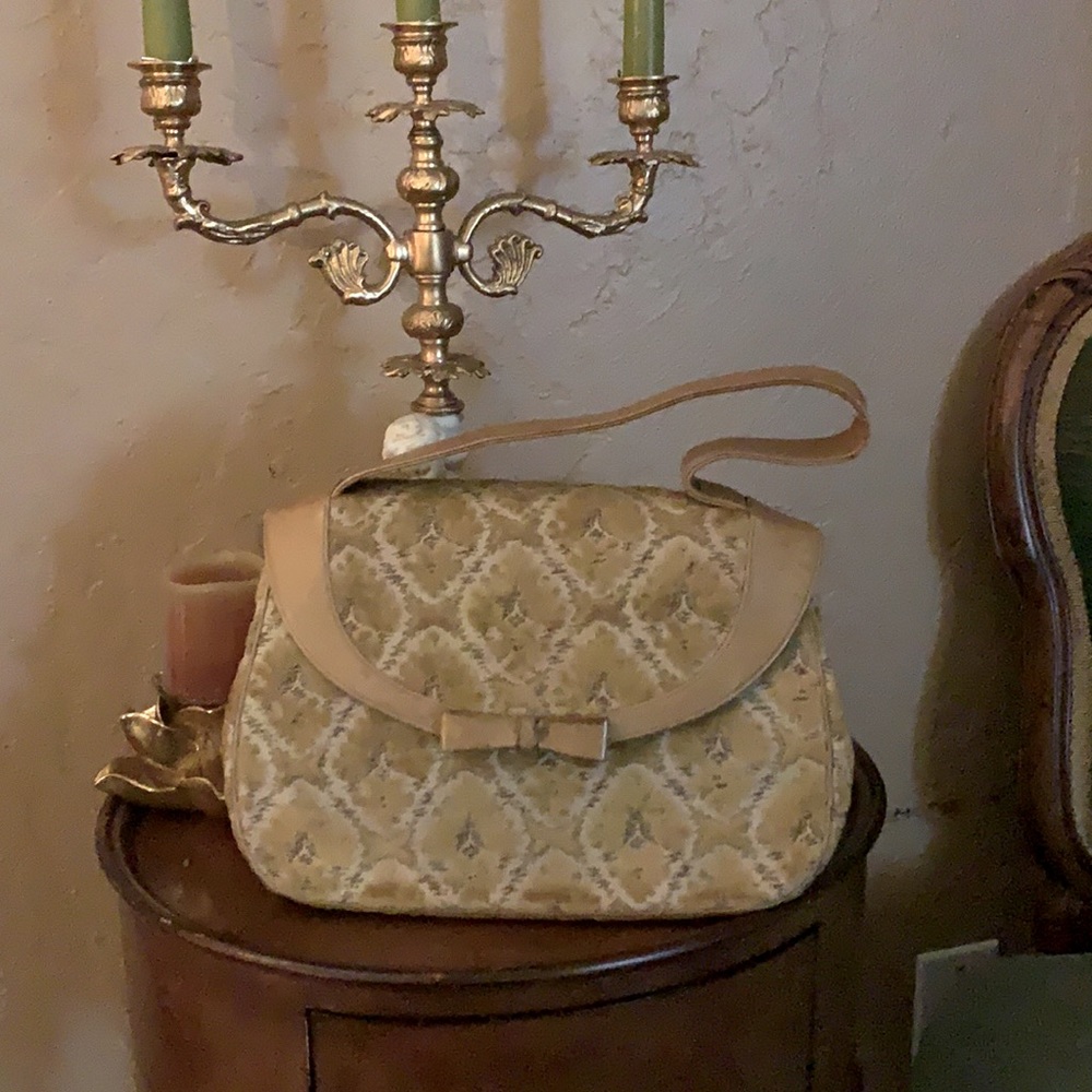 Vintage 1950's Cream Velvet & Leather Bag by Bienen Davis. - Picture 3 of 8